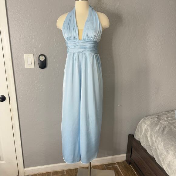 Azazie Oli Stretch Sky Blue Pleated Stretch Satin Jumpsuit - Picture 1 of 6